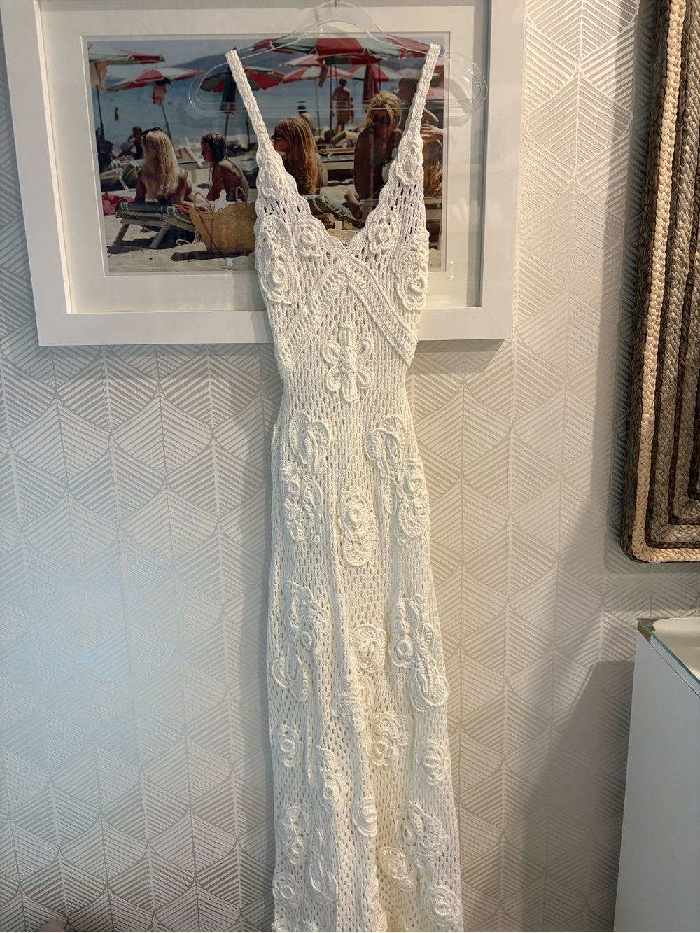 LoveShackFancy White Crochet Maxi Dress with Floral Appliqué